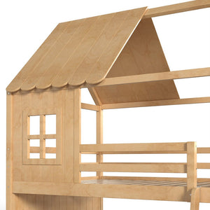 English Elm Full Over Pine Bunk Bed Playhouse with Slide Wardrobe and Built-in Shelving W5305S00120