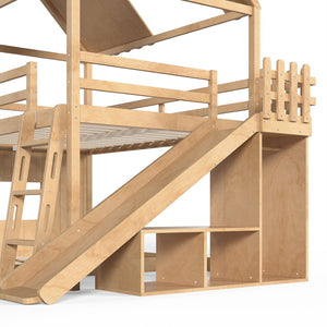 English Elm Full Over Pine Bunk Bed Playhouse with Slide Wardrobe and Built-in Shelving W5305S00120