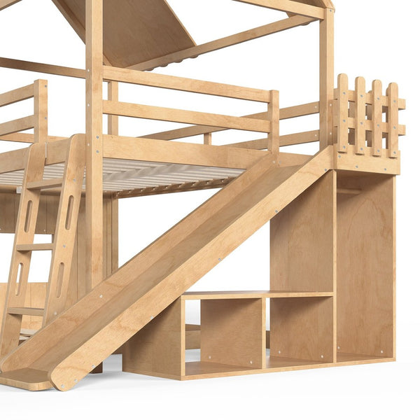 English Elm Full Over Pine Bunk Bed Playhouse with Slide Wardrobe and Built-in Shelving W5305S00120