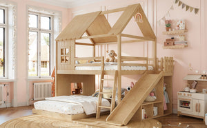 English Elm Full Over Pine Bunk Bed Playhouse with Slide Wardrobe and Built-in Shelving W5305S00120