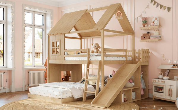 English Elm Full Over Pine Bunk Bed Playhouse with Slide Wardrobe and Built-in Shelving W5305S00120