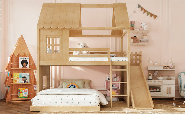 English Elm Full Over Pine Bunk Bed Playhouse with Slide Wardrobe and Built-in Shelving W5305S00120
