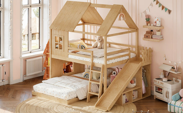 English Elm Full Over Pine Bunk Bed Playhouse with Slide Wardrobe and Built-in Shelving W5305S00120