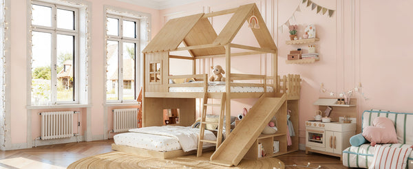 English Elm Full Over Pine Bunk Bed Playhouse with Slide Wardrobe and Built-in Shelving W5305S00120