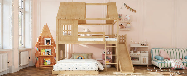 English Elm Full Over Pine Bunk Bed Playhouse with Slide Wardrobe and Built-in Shelving W5305S00120