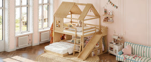 English Elm Full Over Pine Bunk Bed Playhouse with Slide Wardrobe and Built-in Shelving W5305S00120