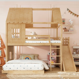 English Elm Full Over Pine Bunk Bed Playhouse with Slide Wardrobe and Built-in Shelving W5305S00120