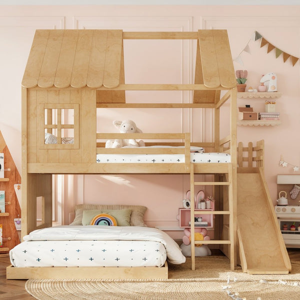 English Elm Full Over Pine Bunk Bed Playhouse with Slide Wardrobe and Built-in Shelving W5305S00120