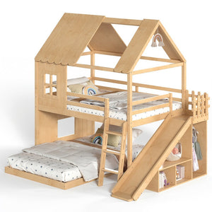 English Elm Full Over Pine Bunk Bed Playhouse with Slide Wardrobe and Built-in Shelving W5305S00120