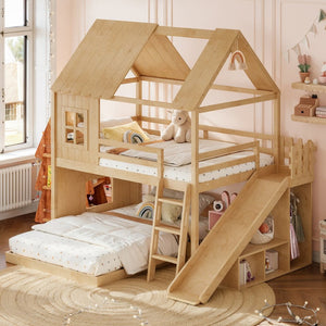 English Elm Full Over Pine Bunk Bed Playhouse with Slide Wardrobe and Built-in Shelving W5305S00120