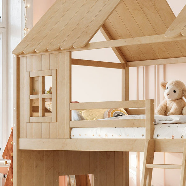 English Elm Full Over Pine Bunk Bed Playhouse with Slide Wardrobe and Built-in Shelving W5305S00120