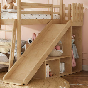 English Elm Full Over Pine Bunk Bed Playhouse with Slide Wardrobe and Built-in Shelving W5305S00120