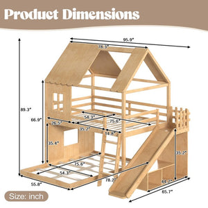 English Elm Full Over Pine Bunk Bed Playhouse with Slide Wardrobe and Built-in Shelving W5305S00120