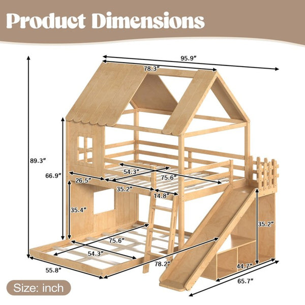 English Elm Full Over Pine Bunk Bed Playhouse with Slide Wardrobe and Built-in Shelving W5305S00120