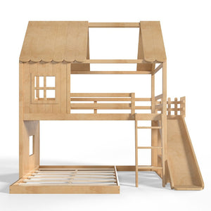 English Elm Full Over Pine Bunk Bed Playhouse with Slide Wardrobe and Built-in Shelving W5305S00120