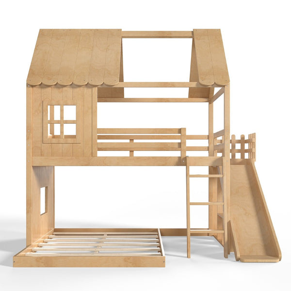 English Elm Full Over Pine Bunk Bed Playhouse with Slide Wardrobe and Built-in Shelving W5305S00120