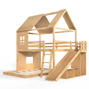 English Elm Full Over Pine Bunk Bed Playhouse with Slide Wardrobe and Built-in Shelving W5305S00120