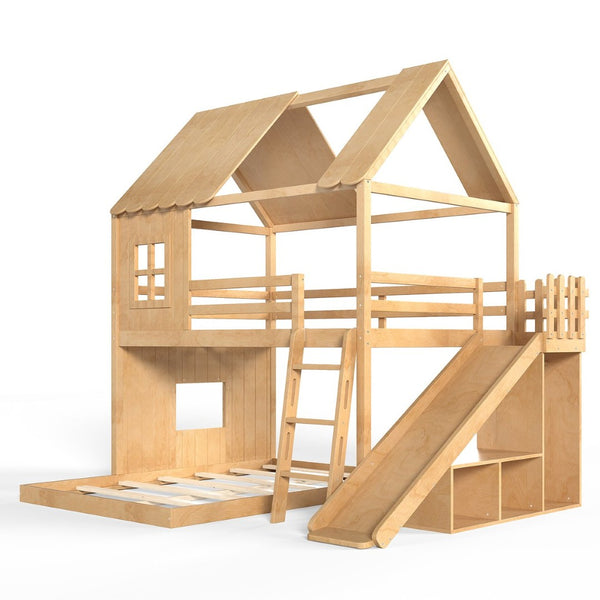 English Elm Full Over Pine Bunk Bed Playhouse with Slide Wardrobe and Built-in Shelving W5305S00120