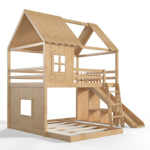 English Elm Full Over Pine Bunk Bed Playhouse with Slide Wardrobe and Built-in Shelving W5305S00120