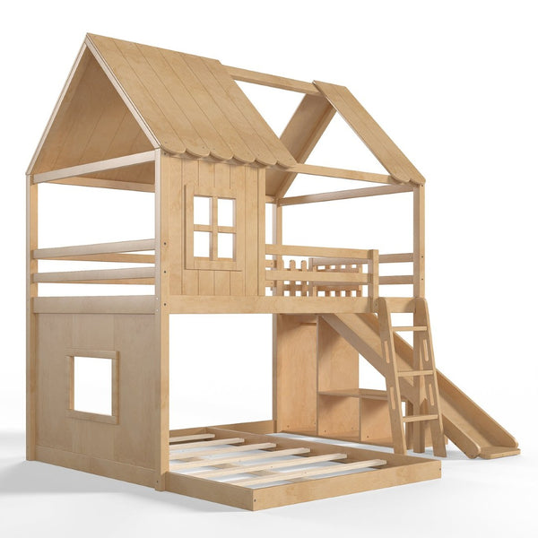 English Elm Full Over Pine Bunk Bed Playhouse with Slide Wardrobe and Built-in Shelving W5305S00120