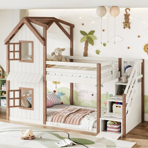 English Elm Twin Over Playhouse Bunk Bed Solid Pine Storage Stairs Kids Bedroom Sleep Zone W5305S00122