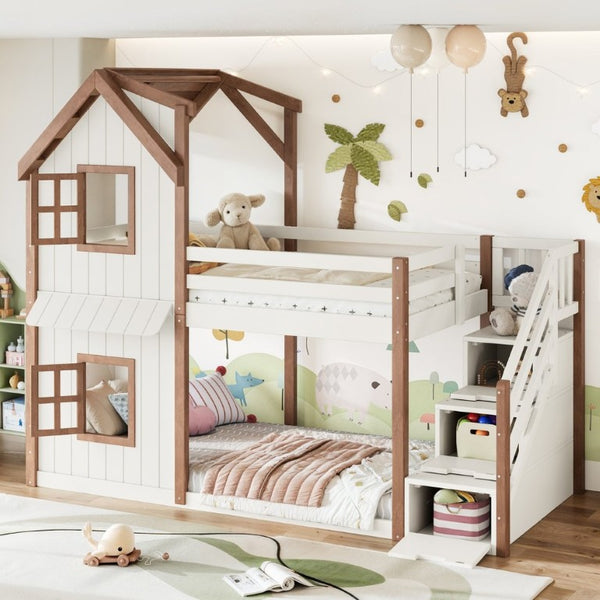 English Elm Twin Over Playhouse Bunk Bed Solid Pine Storage Stairs Kids Bedroom Sleep Zone W5305S00122