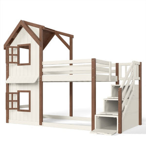 English Elm Twin Over Playhouse Bunk Bed Solid Pine Storage Stairs Kids Bedroom Sleep Zone W5305S00122