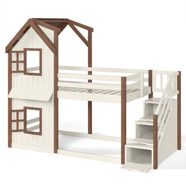 English Elm Twin Over Playhouse Bunk Bed Solid Pine Storage Stairs Kids Bedroom Sleep Zone W5305S00122