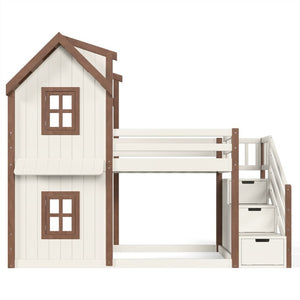 English Elm Twin Over Playhouse Bunk Bed Solid Pine Storage Stairs Kids Bedroom Sleep Zone W5305S00122