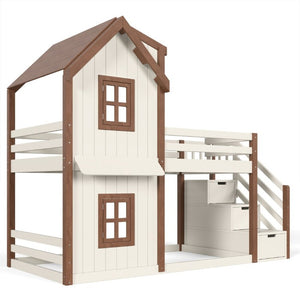 English Elm Twin Over Playhouse Bunk Bed Solid Pine Storage Stairs Kids Bedroom Sleep Zone W5305S00122