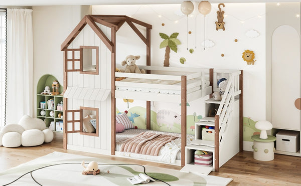 English Elm Twin Over Playhouse Bunk Bed Solid Pine Storage Stairs Kids Bedroom Sleep Zone W5305S00122