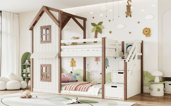 English Elm Twin Over Playhouse Bunk Bed Solid Pine Storage Stairs Kids Bedroom Sleep Zone W5305S00122