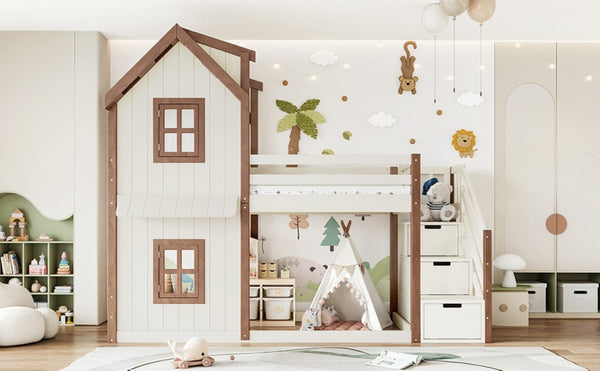 English Elm Twin Over Playhouse Bunk Bed Solid Pine Storage Stairs Kids Bedroom Sleep Zone W5305S00122