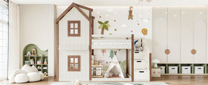 English Elm Twin Over Playhouse Bunk Bed Solid Pine Storage Stairs Kids Bedroom Sleep Zone W5305S00122