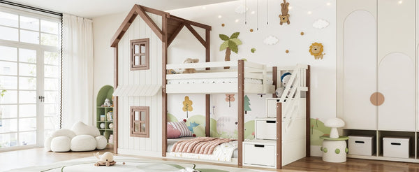 English Elm Twin Over Playhouse Bunk Bed Solid Pine Storage Stairs Kids Bedroom Sleep Zone W5305S00122