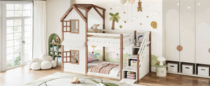 English Elm Twin Over Playhouse Bunk Bed Solid Pine Storage Stairs Kids Bedroom Sleep Zone W5305S00122