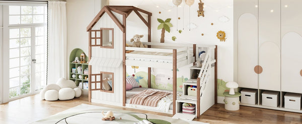 English Elm Twin Over Playhouse Bunk Bed Solid Pine Storage Stairs Kids Bedroom Sleep Zone W5305S00122