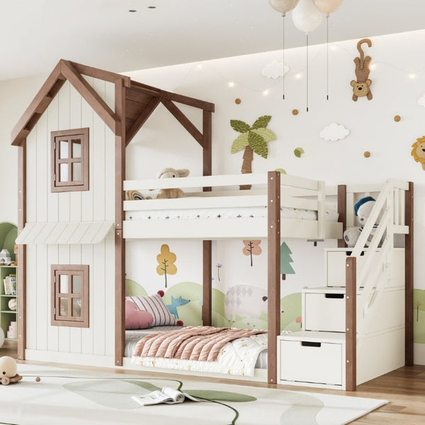 English Elm Twin Over Playhouse Bunk Bed Solid Pine Storage Stairs Kids Bedroom Sleep Zone W5305S00122