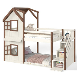 English Elm Twin Over Playhouse Bunk Bed Solid Pine Storage Stairs Kids Bedroom Sleep Zone W5305S00122