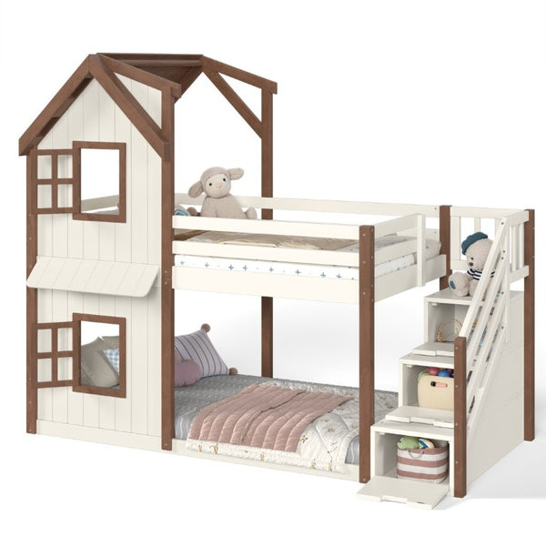 English Elm Twin Over Playhouse Bunk Bed Solid Pine Storage Stairs Kids Bedroom Sleep Zone W5305S00122