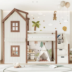 English Elm Twin Over Playhouse Bunk Bed Solid Pine Storage Stairs Kids Bedroom Sleep Zone W5305S00122
