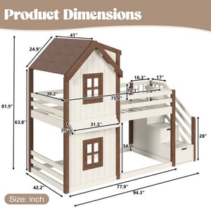 English Elm Twin Over Playhouse Bunk Bed Solid Pine Storage Stairs Kids Bedroom Sleep Zone W5305S00122