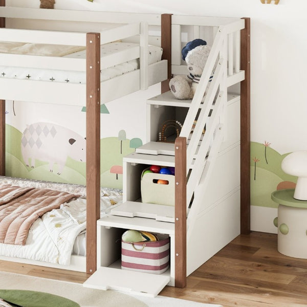 English Elm Twin Over Playhouse Bunk Bed Solid Pine Storage Stairs Kids Bedroom Sleep Zone W5305S00122