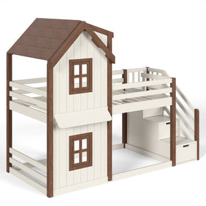 English Elm Twin Over Playhouse Bunk Bed Solid Pine Storage Stairs Kids Bedroom Sleep Zone W5305S00122