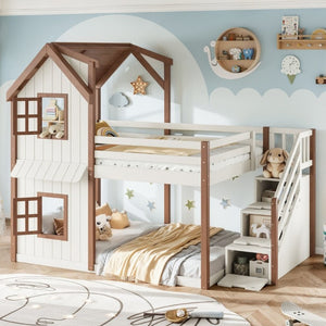 English Elm Full Over Playhouse Bunk Bed Solid Pine Frame with Storage Stairs and Kids Room Appeal W5305S00123