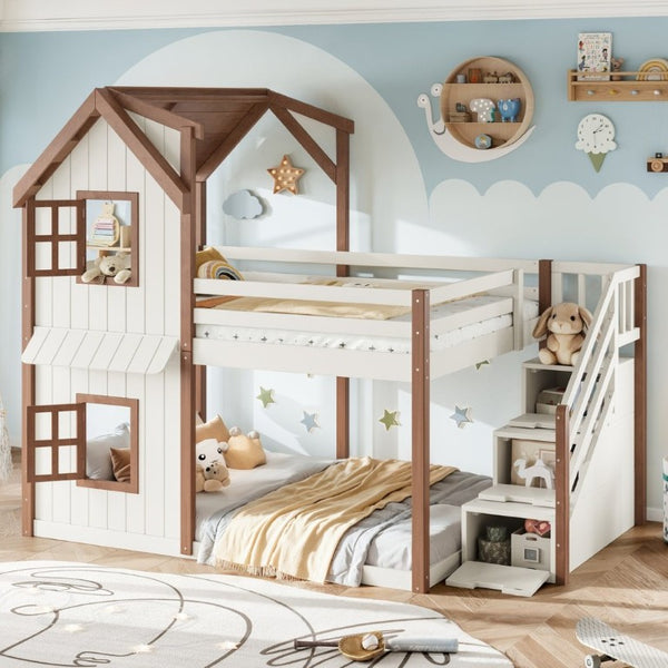 English Elm Full Over Playhouse Bunk Bed Solid Pine Frame with Storage Stairs and Kids Room Appeal W5305S00123