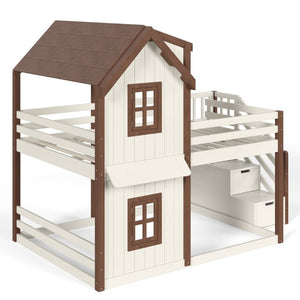 English Elm Full Over Playhouse Bunk Bed Solid Pine Frame with Storage Stairs and Kids Room Appeal W5305S00123