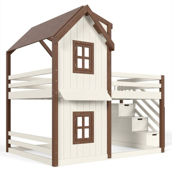 English Elm Full Over Playhouse Bunk Bed Solid Pine Frame with Storage Stairs and Kids Room Appeal W5305S00123