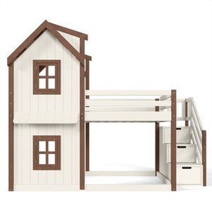 English Elm Full Over Playhouse Bunk Bed Solid Pine Frame with Storage Stairs and Kids Room Appeal W5305S00123