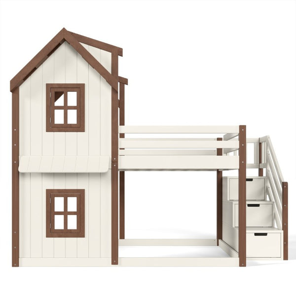 English Elm Full Over Playhouse Bunk Bed Solid Pine Frame with Storage Stairs and Kids Room Appeal W5305S00123